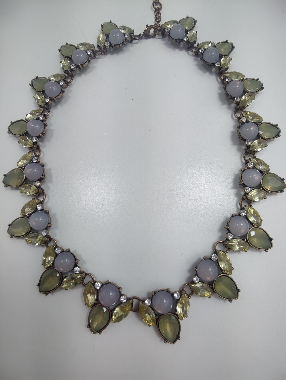 Vintage Style Lavender Green Statement Necklace Bronze Tone Rhinestone Floral